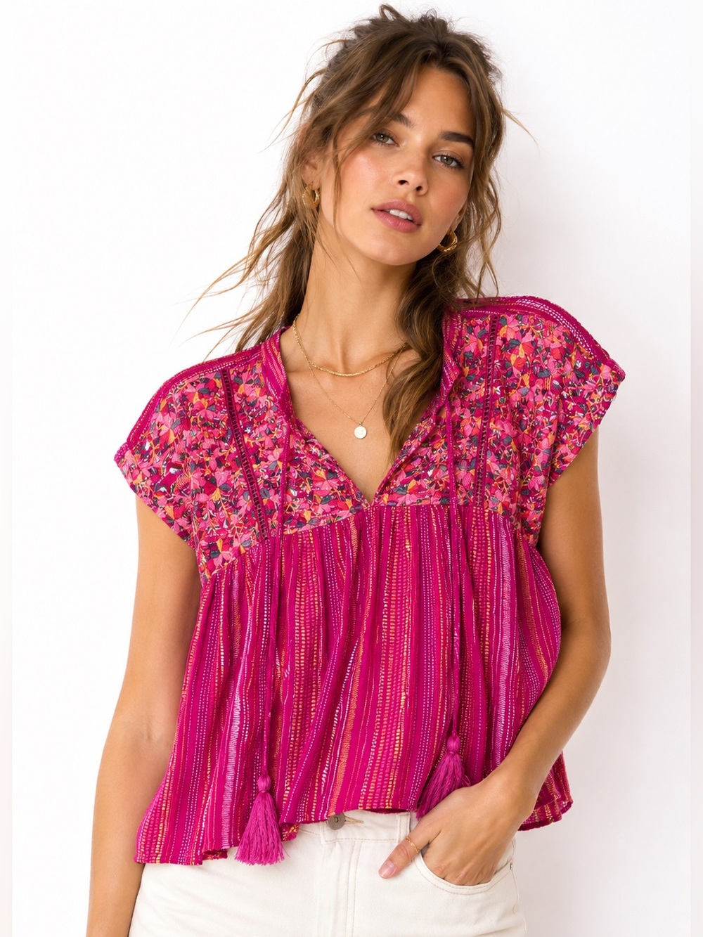 Savanna Jane Embroidered Boho Peasant Festival Artisan Top Pink Floral Tassel S